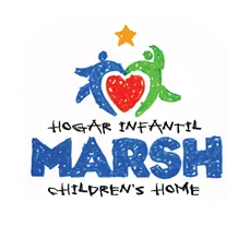 Logo of Marsh Children's Home. It features two stylized human figures in blue and green around a red heart with a star above, and text in Spanish "Hogar Infantil" and in English "Children's Home" below.
