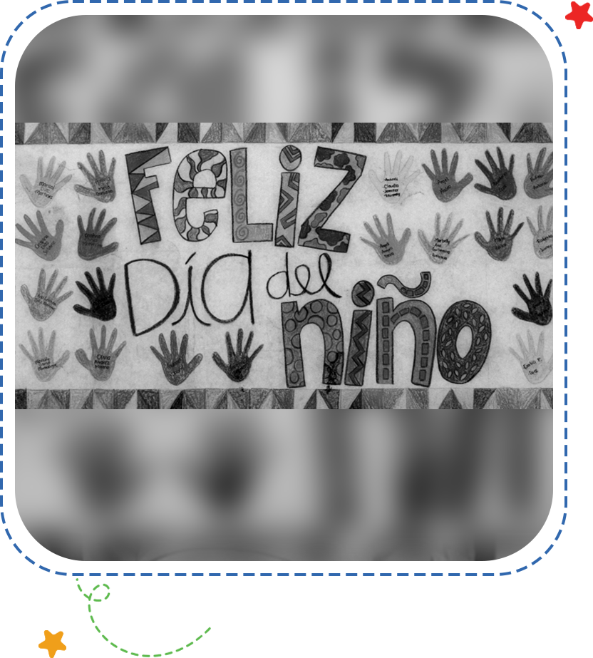 A black and white photo of a hand print with the words feliz dia de nino written in spanish.