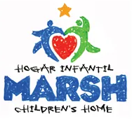 Logo of Hogar Infantil Marsh Children's Home featuring two figures holding a heart with a star above them and the organization's name below.